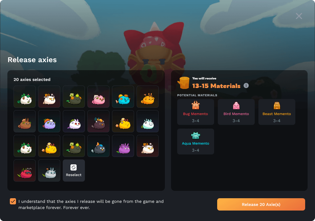 Atia's Blessing is where players can release their Axie NFTs in exchange for materials, or Mementos. 