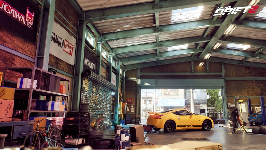 The garage in Torque Drift 2, allowing gamers to tune and alter their rides. 