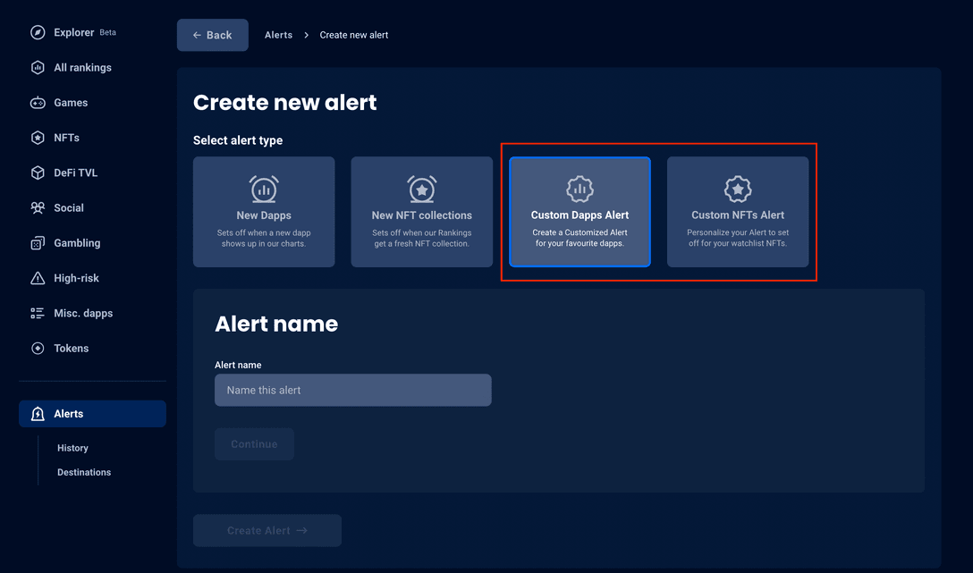 Showcase which options to Select to create Custom Alerts - screenshot Sept 2023